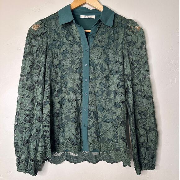 None Tops - Boutique Les Serein Grey Lace Long Sleeve Button Up Blouse.